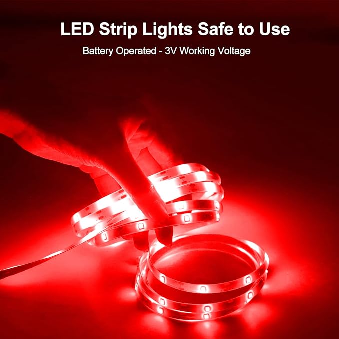 echosari LED Strip Lights Battery Powered, 90 LED Red 2835 SMD Strip Lights 9.8 Ft Cuttable Self-Adhesive Strip Lights with Remote Timer for Outdoor Indoor Party Bedroom Decoration