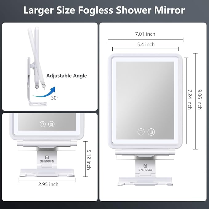Heated Shower Mirror Fogless for Shaving, 3 Colors Stepless Dimmable Lights Fogless Mirror for Shower, Rechargeable Anti Fog Shaving Mirror for Shower with Razor Holder, Light Memory Function, White