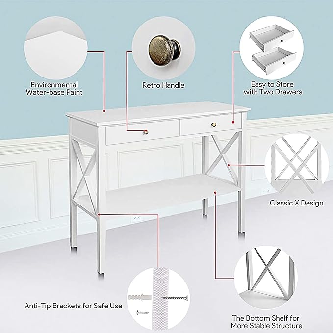 ChooChoo Console Table with Drawers, Narrow Wood Accent Sofa Table Entryway Table with Storage Shelf for Entryway, Front Hall, Hallway, Living Room, White