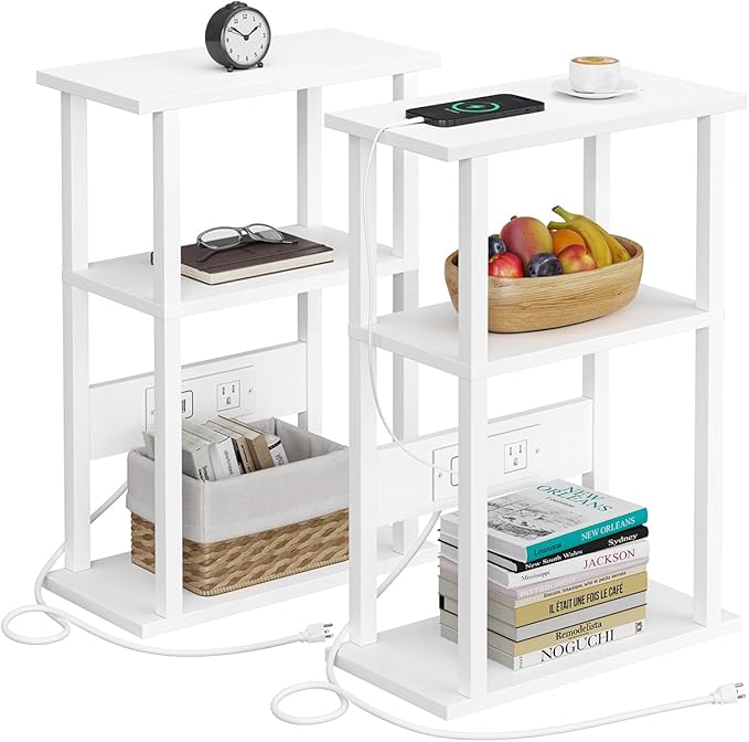 VIMBER Narrow Side Table with Charging Station, 2 Set Skinny End Table for Small Spaces, Sofa Beside Tables with Storage Shelf, Slim Nightstand with USB Ports Outlet, Couch Table White UTBT003W2