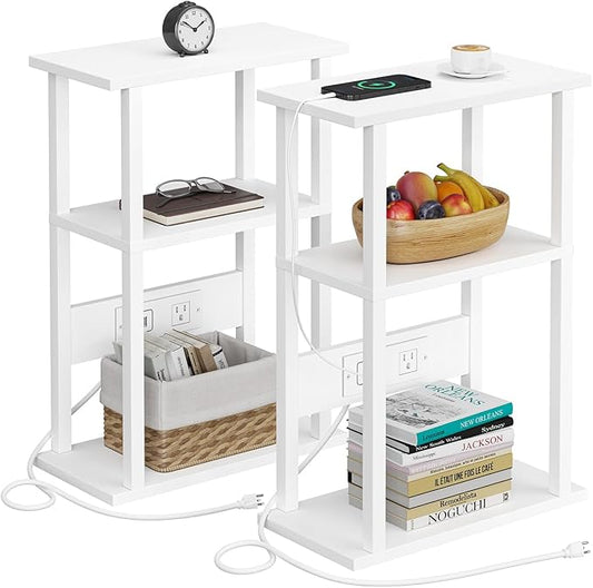 VIMBER Narrow Side Table with Charging Station, 2 Set Skinny End Table for Small Spaces, Sofa Beside Tables with Storage Shelf, Slim Nightstand with USB Ports Outlet, Couch Table White UTBT003W2