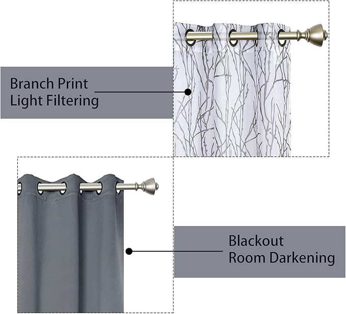 BONZER Mix and Match Curtains - 2 Pieces Branch Print Sheer Curtains and 2 Pieces Blackout Curtains for Bedroom Living Room Grommet Window Drapes, 54x84 Inch/Panel, Light Grey, Set of 4 Panels