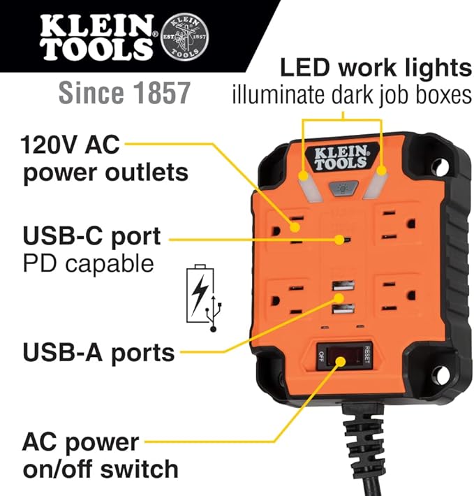 Klein Tools 29601 Magnetic Power Strip with Surge Protector, Extension Cord, 4 Outlets, 3 USB Ports, 5-Foot Cord, Power Supply Box with Light, PowerBox 1, Heavy Duty