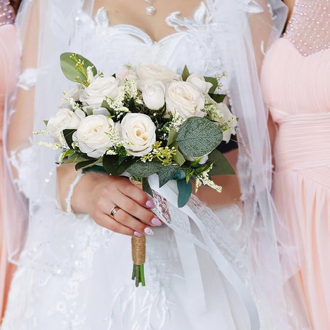 Rose Wedding Bouquet - Artificial Red White Flowers for Bride and Bridesmaid - Faux Holding Flower for Wedding Decor