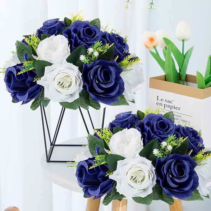 10Pcs Fake Flower Ball Arrangement Bouquet, 9.5" 15 Heads Plastic Roses with Base,Suitable for Parties Valentine's Day Wedding Centerpiece Flower Rack and Home Décor (Navy Blue & White)