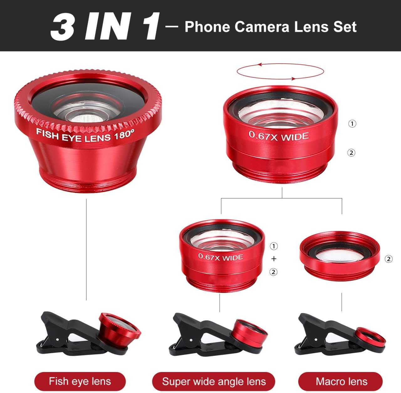 External Lens for Mobile Phone 3-in-1 Fisheye Macro Wide Angle Lens with Clip for iPhone and Smartphones