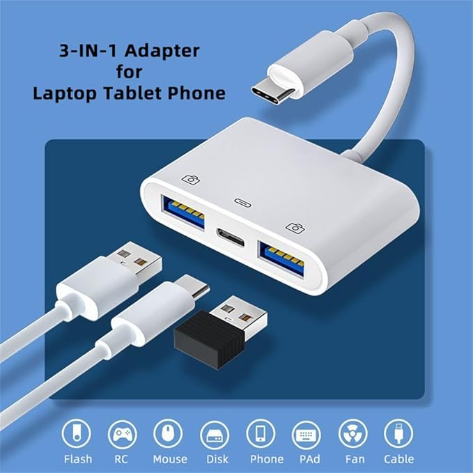 NFHK Type C USB-C to Dual Type-A USB3.0 Female with PD Power Charge Adapter Compatible with Laptop Tablet Phone