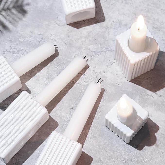 LETINE 12pcs White Vertical Stripe Glass Candlestick Holders - Modern Farmhouse Taper Candle Sticks Holder Set for Elegant Dining & Home Decor,Ideal Candle Holders for Wall, Living Room Decor