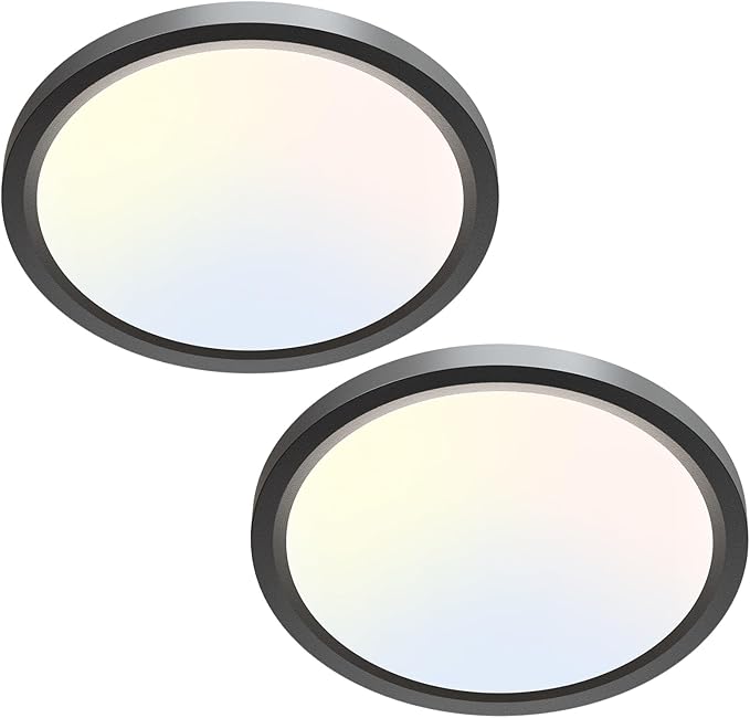 zemty 2Pack LED Ceiling Light Fixture 6.5 Inch, 12W 1200lm Ceiling Mount Light Fixtures, Adjustable 3000K 4000K 6500K, Round Flat Ceiling Lamp for Bathroom Closet Hallway Laundry (Black)
