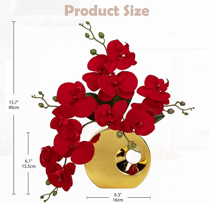 Briful Artificial Orchid Flowers in Gold Pot 15.7" Tall Red Velvet Faux Orchid Arrangement Silk Orchid Flower Fake Orchids Centerpiece for Home Office Room Wedding Table Décor