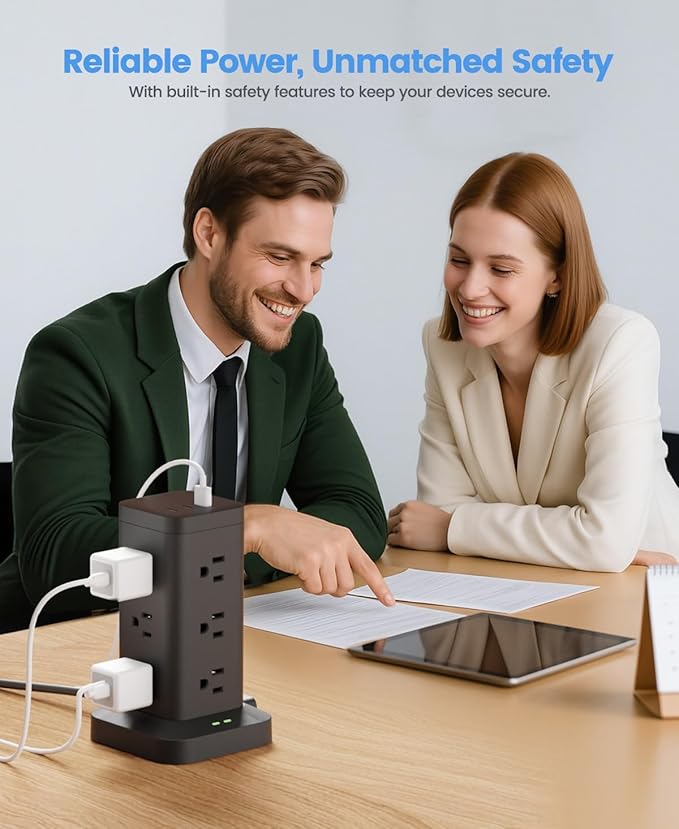 15-in-1 Power Strip Tower with Surge Protector 1800J, Fast Charging Tower PD20W USB-C Ports with 12 AC Outlets, 9.8ft Extension Cord for Home Office Dorm Room, White
