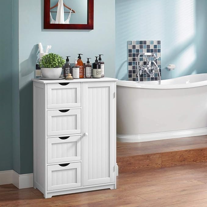 Giantex Storage Cabinet with 4 Drawers, Bathroom Storage Organizer with Cupboard, Adjustable Shelf, Anti-Toppling Device, Floor Cabinet, Entryway Storage Unit Console Table, White