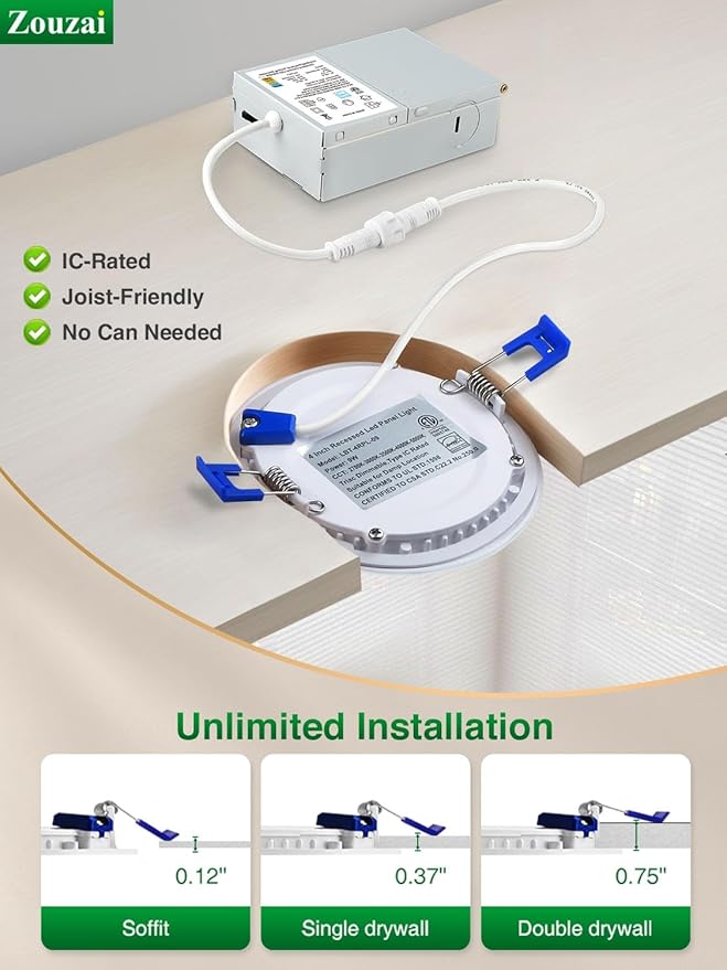 zouzai 12 Pack 6 Inch 6000k/5000k/4000k/3000k/2700k 5CCT Selectable Ultra-Thin LED Recessed Ceiling Light with Junction Box,12W Eqv 110W,Dimmable, led can Lights- ETL and Energy Star Certified