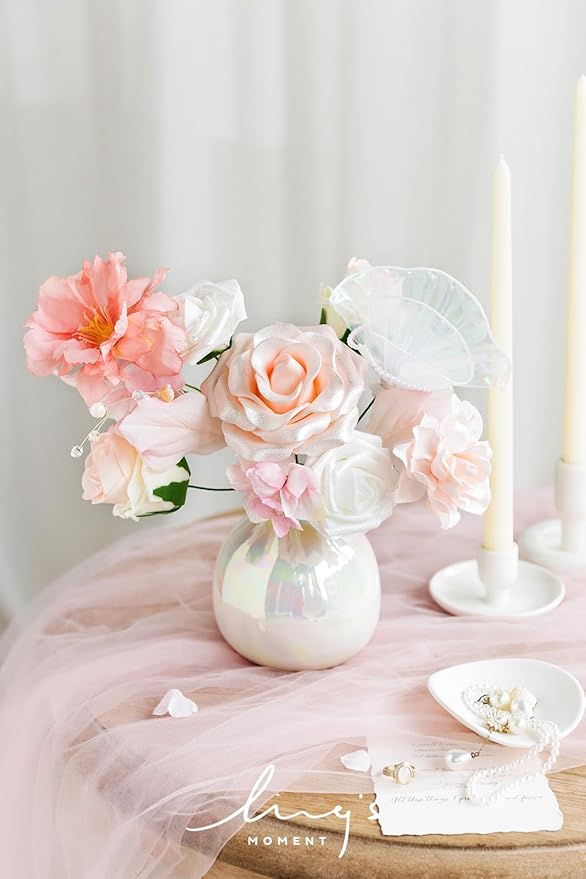 Ling's Moment Artificial Flowers Fake Roses Faux Foam Gardenia Combo for DIY Wedding Bouquets Centerpieces Arrangements Bridal Shower Party Home Decorations, Blush & White, 24pcs