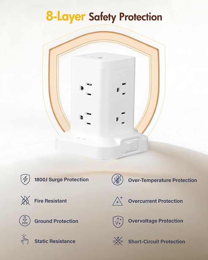 2Pack Power Strip Tower with Surge Protector 1800J, Fast Charging Tower PD20W USB-C Ports with 8 AC Outlets, 10ft Extension Cord for Home Office Dorm Room, White