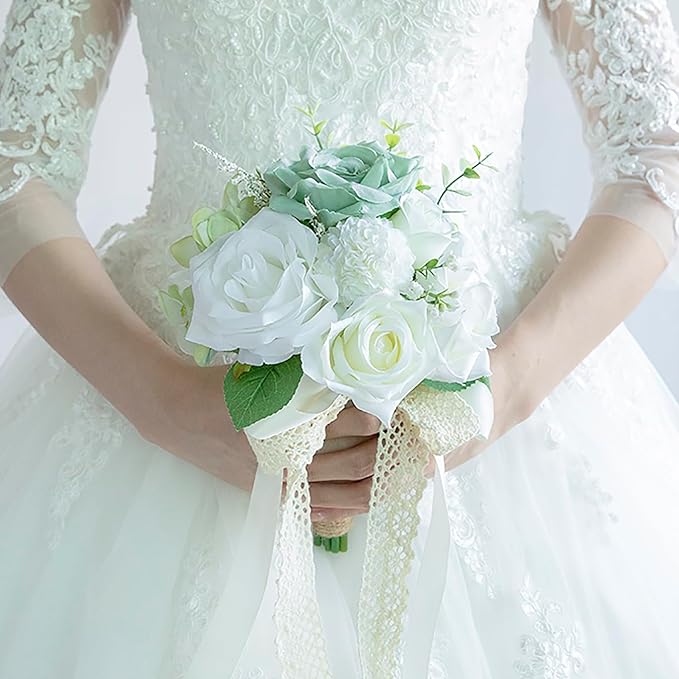 White Wedding Bouquets for Bride Bridesmaid, Artificial Sage Green Bride Flower Bouquet for Wedding Church Decoration Ceremony, Anniversary, etc, Roses Flowers