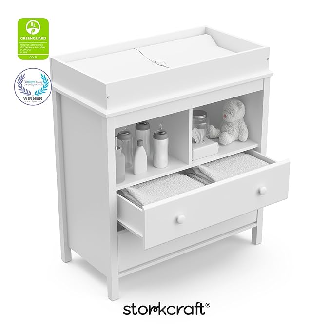Storkcraft Alpine 2 Drawer Changing Table Chest (White) - Attached Changing Table Topper Fits Any Standard-Size Baby Changing Pad, 2 Drawers, 2 Shelves for Extra Nursery Storage, Easy to Assemble