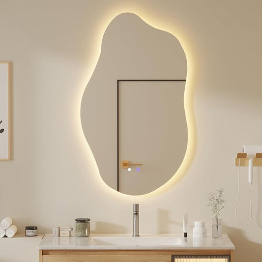 QDSSDECO Irregular LED Bathroom Mirror with Lights,Asymmetrical Led Bathroom Vanity Mirror for Wall with Front and Backlit, Anti Fog, 3 Colors and Dimmable Light, 19.7" x 33.5"