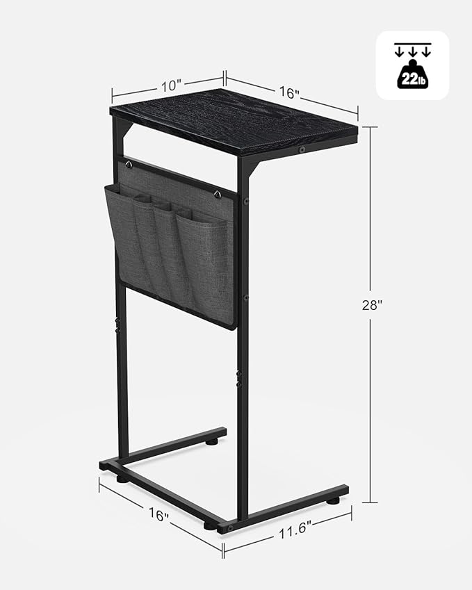 Vantic C Shaped End Table, Small Side Table for Couch and Recliner, Slide Under Sofa Tray Desk with Storage Bag for Living Room and Bedroom, Black