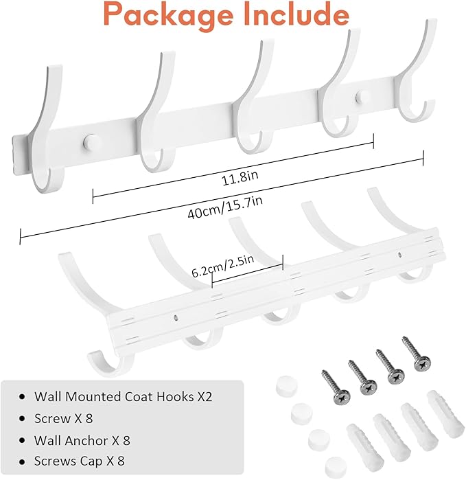 Coat Rack Wall Mount, Coat Hook Wall Mount, Wall Hooks for Hanging, Hat Rack for Walls, Coats Hanger with 10 Hook, Towel Hooks for Bathrooms (1 Pack, White)