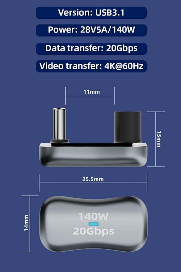 AreMe 180 USB C Adapter (2 Pack), 180 Degree Angle USB-C Male to Female 20Gbps PD 140W Adapter for Steam Deck, Switch, Laptop, Tablet, Phone and More Type C Devices