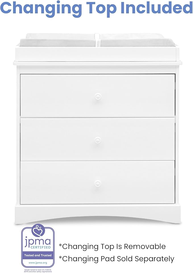 Delta Children Sutton 3 Drawer Dresser with Changing Top and Interlocking Drawers - Greenguard Gold Certified, Bianca White