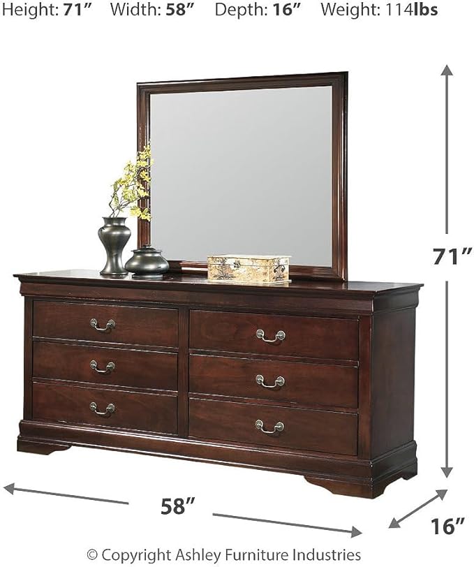 Signature Design by Ashley Alisdair Traditional 6-Drawer Dresser and Mirror with Safety Stop, Dark Brown