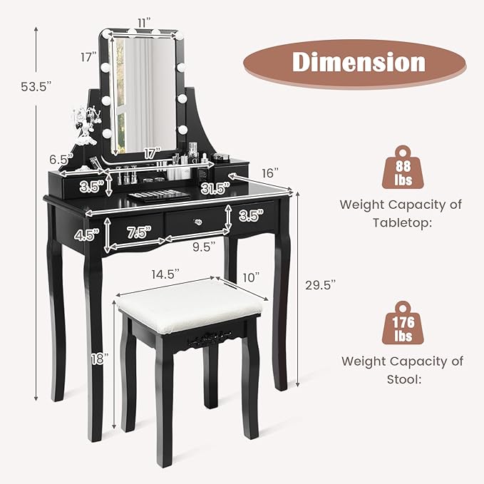 CHARMAID Vanity Desk with Mirror and Lights, Makeup Vanity Table with 5 Storage Drawers, 3 Color Lighting Modes, Adjustable Brightness, Modern Bedroom Dressing Table with Vanity Stool, Black