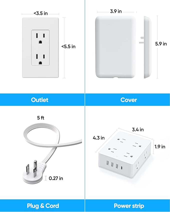Flat Extension Cord with Outlet Cover, Olcorife Flat Plug Power Strip with 8 Outlets and 4 USB Ports, 2000 Joules Surge Protector, 5 FT Cord Hidden Outlet Extender for Tight Spaces