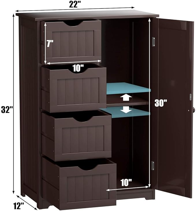 Giantex Bathroom Storage Cabinet with Drawers - 4 Drawer Storage Organizer w/Cupboard, Adjustable Shelf, Anti-Toppling Device, Entryway Storage Unit Console Table, Bathroom Floor Cabinet (Brown)