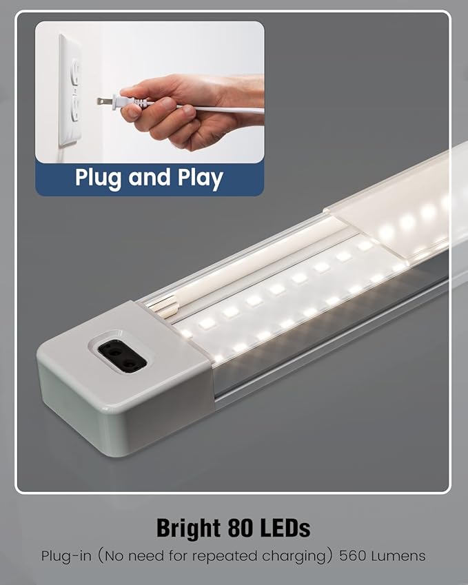 MYPLUS 2Pcs 24 Inch Under Cabinet Lights with Hand Wave, Under Counter Lighting 4000K Natural White,Dimmable,Plug and Play,LED Lights for Kitchen Cabinet, Cupboard, Closet, Desk