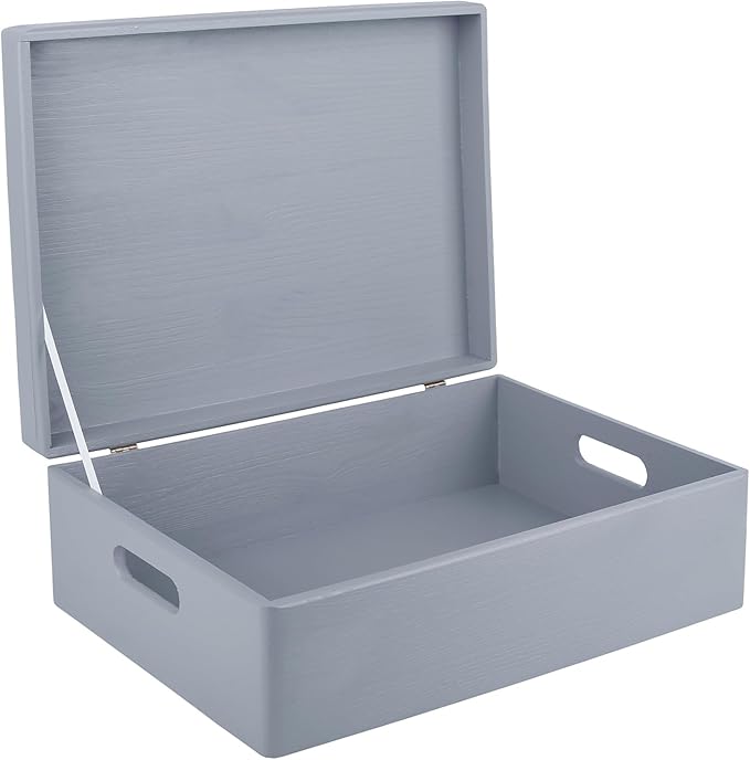 XL Grey Wooden Box Storage with Hinged Lid | 15.8 x 11.8 x 5.5 inches (+-0.5) | with Handles | Gift Box for Tool Dog Toy Shoes Clothes Kitchen Storage Document | Wood Keepsake Ches