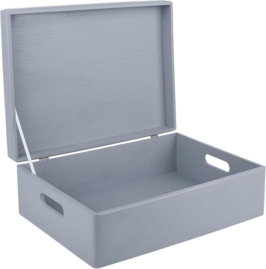 XL Grey Wooden Box Storage with Hinged Lid | 15.8 x 11.8 x 5.5 inches (+-0.5) | with Handles | Gift Box for Tool Dog Toy Shoes Clothes Kitchen Storage Document | Wood Keepsake Ches