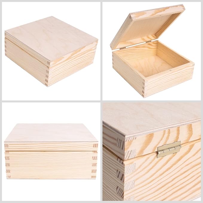 Wooden Storage Box Unpainted Plain | 6.37 x 6.37 x 2.83 in | Square Box with Lid | Perfect for Storing Valuables & Small Items in The Office or Bedroom | Jewelry Box