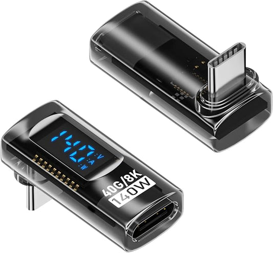 2 Pack USB C Adapter with Digital Display, 90 Degree Right Angle 140W USB-C Male to Female Connector for ROG Ally, Steam Deck and More, Support Voltage, Current and Power Smart LED Display