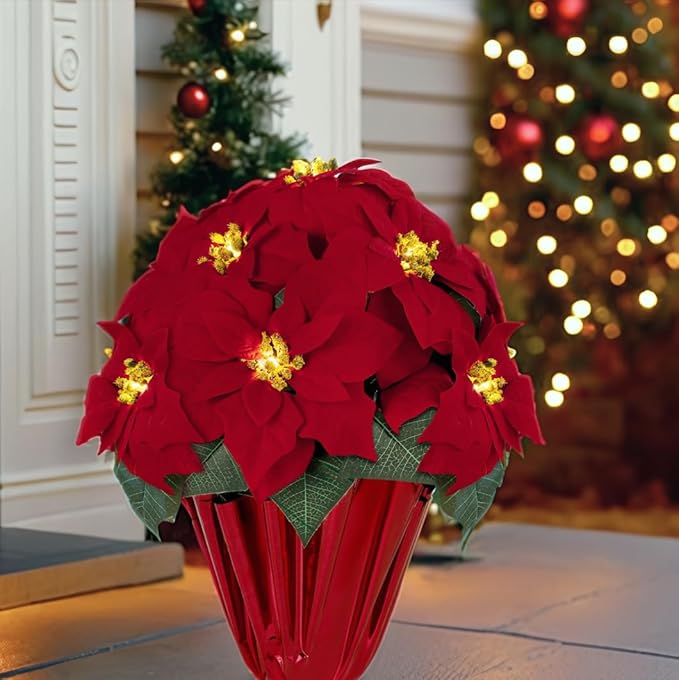 2 Pack 18" Lighted Large Artificial Poinsettias for Outdoors LED Poinsettia Flowers Artificial Faux Poinsettia Plants Poinsettia Christmas Decorations for Office Home Kitchen Decor (Red Paper)