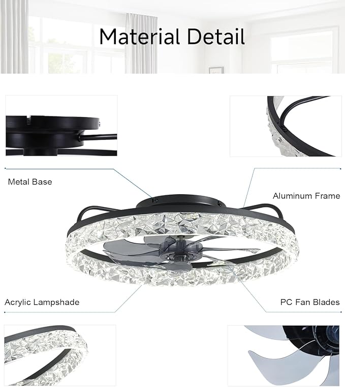 Ceiling Fans with Lights and Remote, 19.7" Low Profile Ceiling Fan with Light, 3000-6500K Dimmable, 6 Speeds and Stepless Color Temperature Change for Bedroom, Living Room and Kids Room(Black)