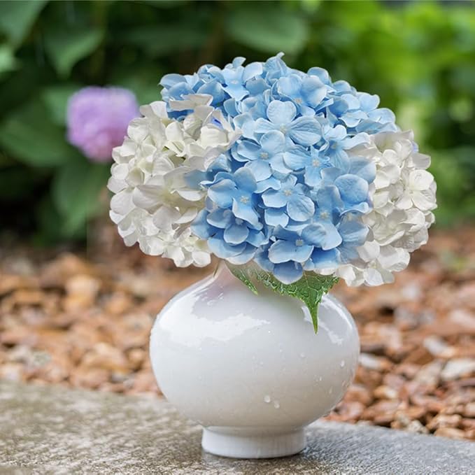 20 Pcs Blue and White Hydrangea Artificial Flowers Bulk, Faux Hydrangea Flowers Heads, Artificial Fake Silk Hydrangea Flowers with Stems, White Flowers Artificial for Decoration Wedding Décor