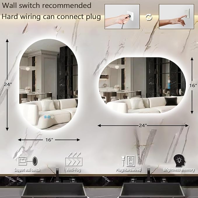 THEKLA LED Oval Backlit Mirror for Bathroom Wall Vertical Horizontal Mount Makeup 16 x 24 inch Frameless Backlight Oval Lighted Vanity Mirror with Lights Smart Memory 3 Color Backlit Dimmable Anti-Fog