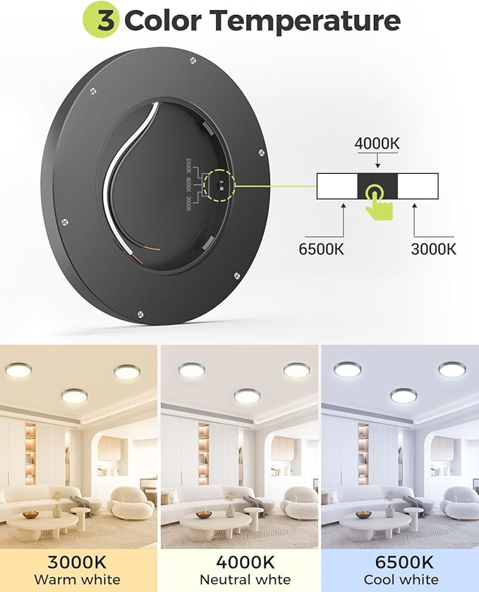 hepside 1Pack Dimmable Flush Mount Ceiling Light Fixture Black, 3CCT Selectable 3000/4000/6500K Ceiling Lamp, 7.5INCH 15W 1500LM Low Profile Light for Bedroom, Kitchen, Bathroom, Hallway