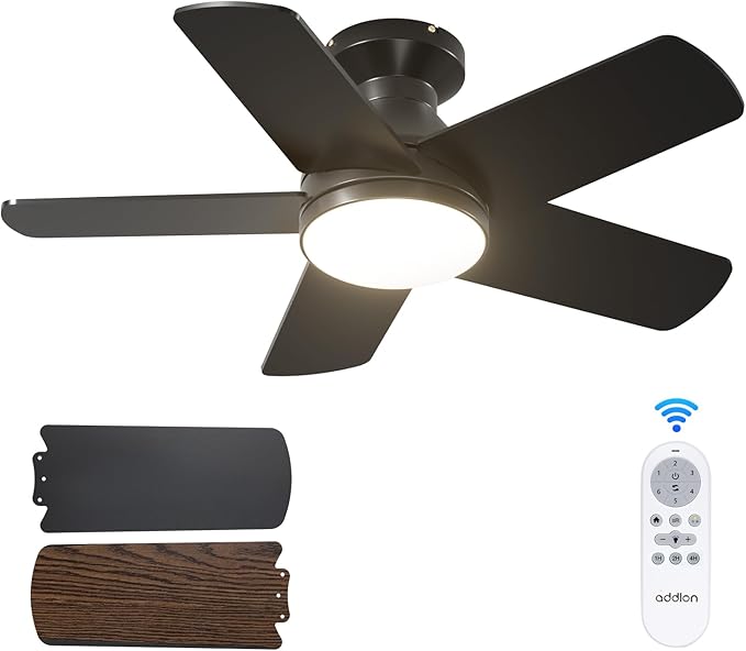 addlon Ceiling Fans with Lights, 32 inch Low Profile Ceiling Fan with Light and Remote Control, Flush Mount, Reversible, 3CCT, Dimmable, Quiet, Black Small Ceiling Fan for Bedroom Indoor/Outdoor Use