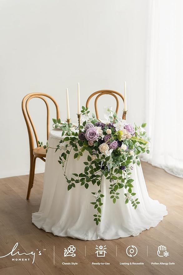 Ling's moment 2PCS Artificial Floral Swags Centerpieces Wedding Flower Purple Rose Garland Greenery Arrangements for Sweetheart Head Table Decor Car Wall Window Arch Garden Decor Lilac & Gold