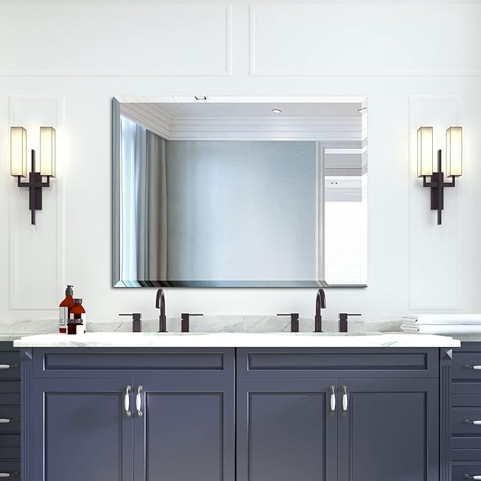 Mirrorons Beveled Mirror, Bathroom Mirrors for Wall 40" x 30", Frameless Rectangle Bathroom Mirror with Beveled Edge, Hangs Horizontally or Vertically, Upgraded Packing