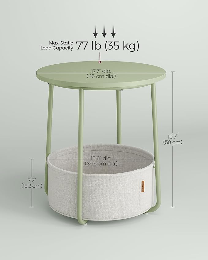 VASAGLE LILEA Collection - Small Round Side End Table, Modern Nightstand with Fabric Basket, Laurel Green and Cream White ULET223C69