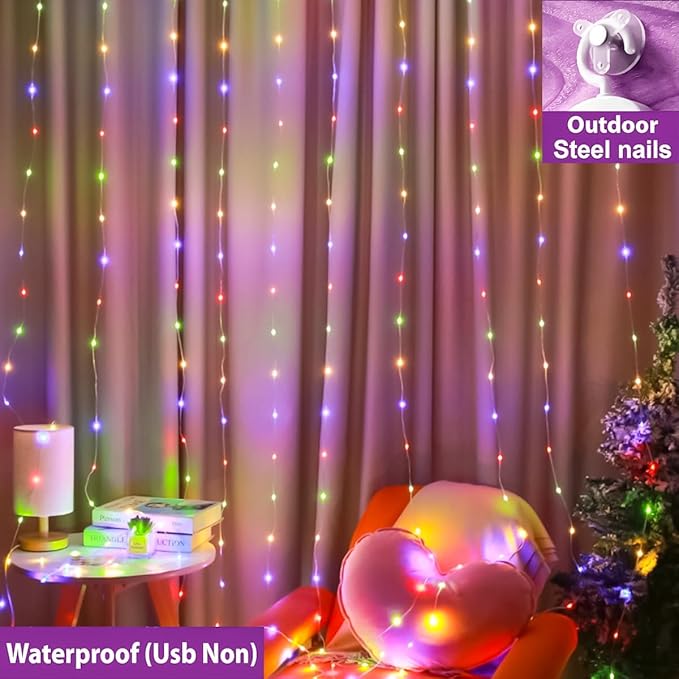ZSJWL 300 LED Multicolor Curtain Fairy Lights with Remote, 8 Modes 9.8 × 9.8 Ft Waterproof USB Plug in Copper Wire Lights for Bedroom Window Chrismas Wedding Party