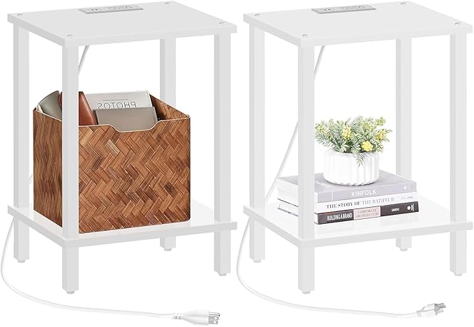 TUTOTAK End Table with Charging Station, Set of 2, Small Side Table with Outlets, Nightstand Bedside Table, 2-Tier Storage Shelf for Small Space, Living Room, Bedroom White TB01BW041