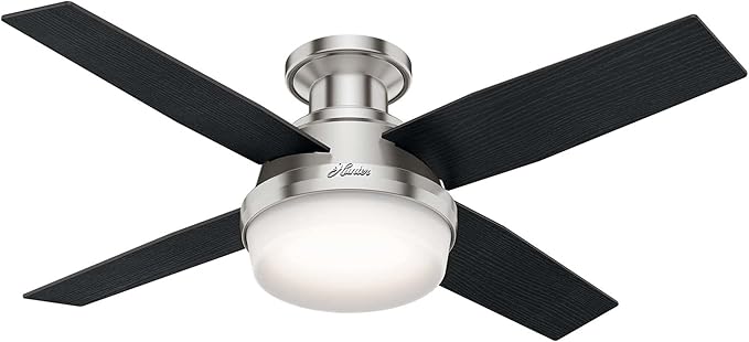 Hunter 44 inch Indoor Ceiling Fan with LED Light and Remote Control - Modern Ceiling Fan, Low Profile Mount, 4 Black Oak Blades, For Bedroom, Living Room, or Kitchen - Dempsey 59243, Brushed Nickel