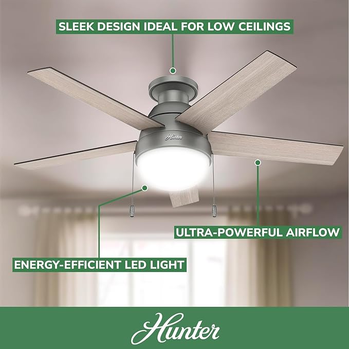 Hunter 46 inch Indoor Ceiling Fan with LED Light - Ceiling Fan with Pull Chain, For Bedroom, Living Room, or Kitchen, Low Profile Mount, No Remote, 5 Blades - Anslee 59270, Matte Silver