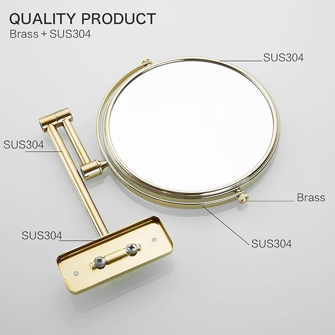Gold 1x10x Double Sided Magnifying Bathroom Makeup Mirror 360 Degree Swivel Mirror Adjustable Telescopic Arm Wall Mount 8 Inch Non-Illuminated Beauty Mirror Shaving Mirror（Square Base）