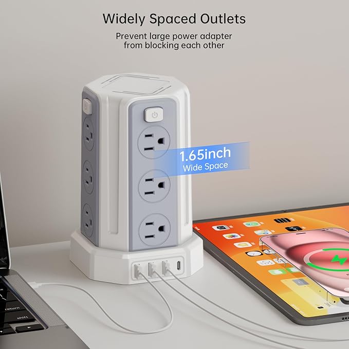 Power Strip Surge Protector, 10 Ft Extension Cord with 12 AC Multiple Outlets 4 USB (1 USB C), SMALLRT Power Tower Desktop Charging Station